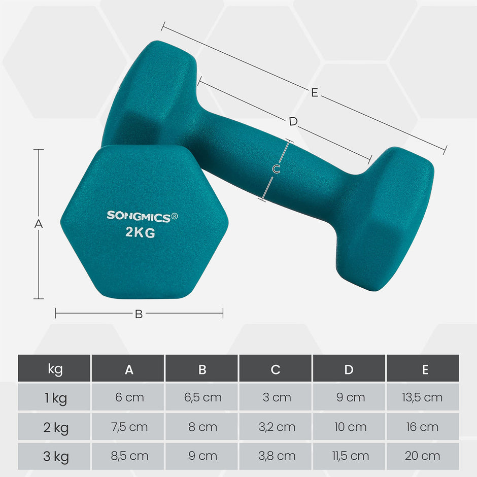 Hex Dumbbells Set – Neoprene – Lime, Teal, Grey – Includes Stand, 2 x 1 kg, 2 x 2 kg, 2 x 3 kg