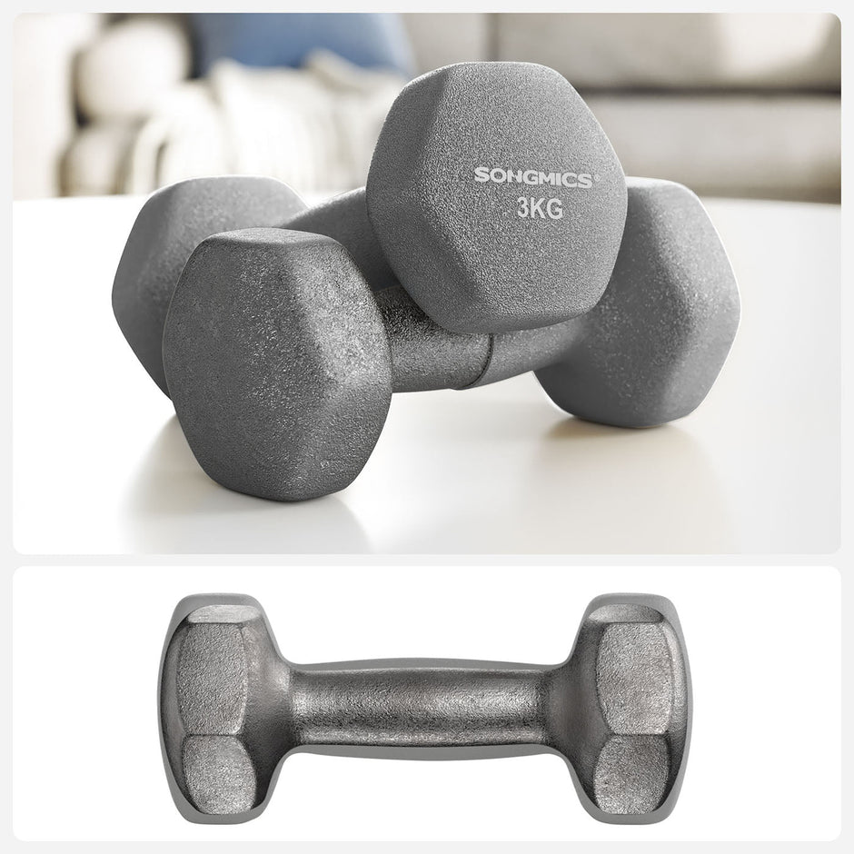 Hex Dumbbells Set – Neoprene – Lime, Teal, Grey – Includes Stand, 2 x 1 kg, 2 x 2 kg, 2 x 3 kg