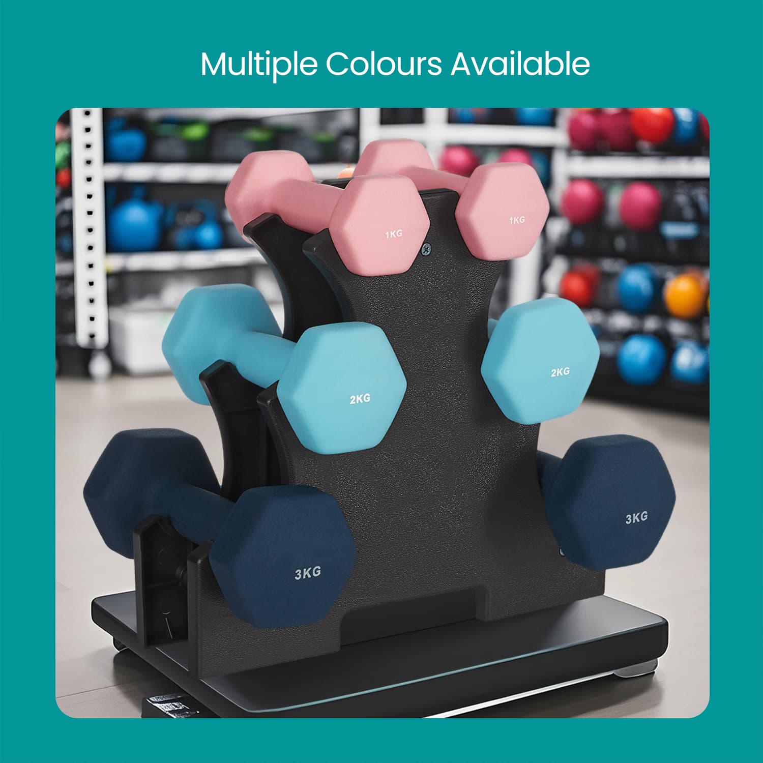 Dumbbell Set – Neoprene – Lime, Teal, Light Grey – Non-Slip with Stand, Includes 1 kg, 2 kg, and 3 kg Weights