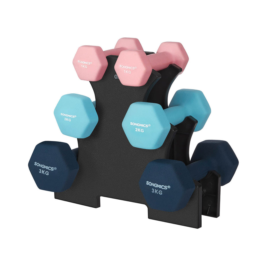 Hex Dumbbell Set – Neoprene – Lime, Teal, Grey – Includes Storage Rack