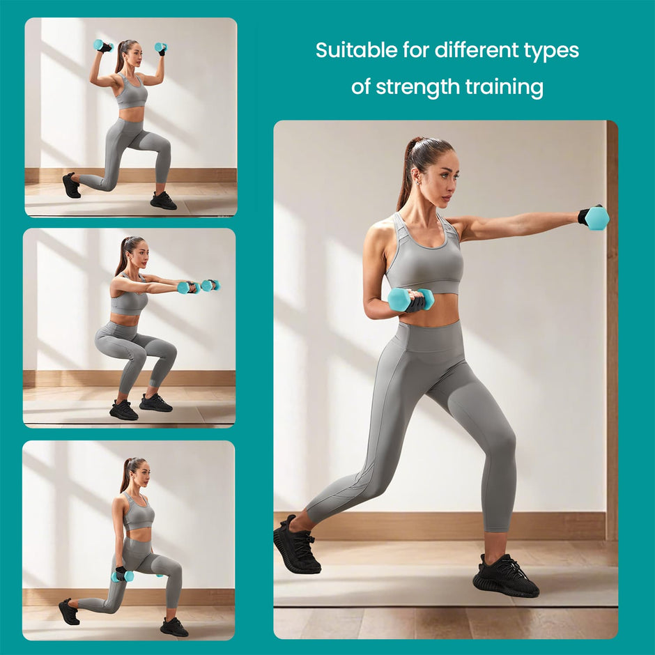 Dumbbell Set – Neoprene – Lime, Teal, Light Grey – Non-Slip with Stand, Includes 1 kg, 2 kg, and 3 kg Weights
