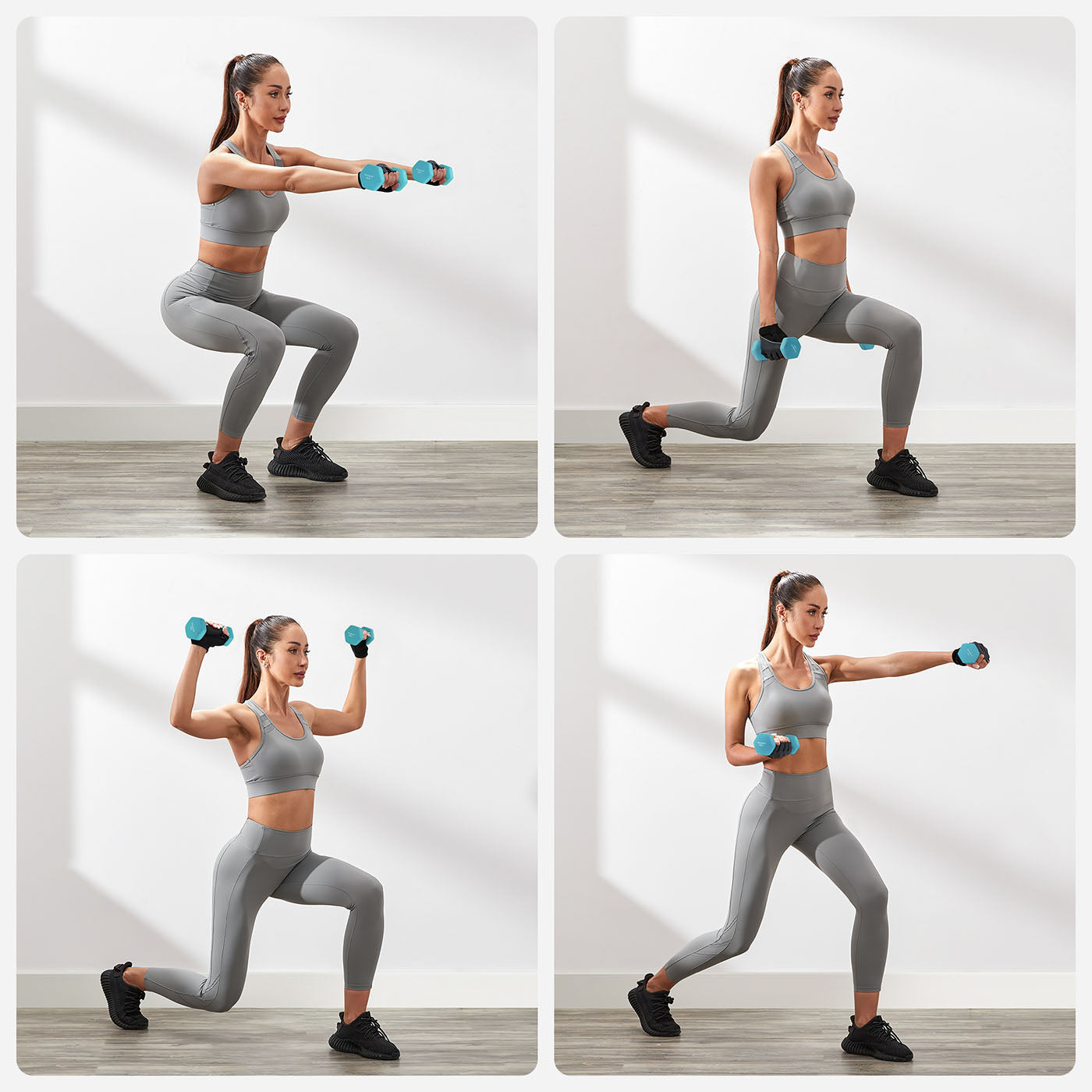 Hex Dumbbell Set – Neoprene – Lime, Teal, Grey – Includes Storage Rack
