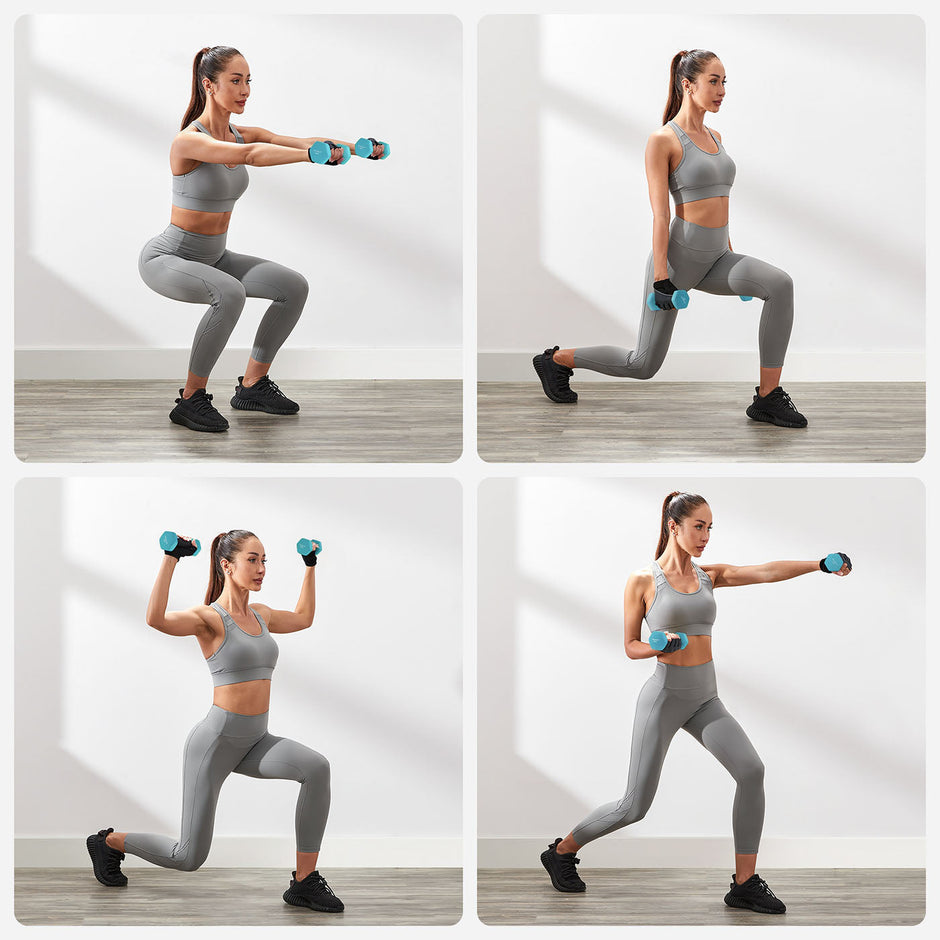 Hex Dumbbell Set – Neoprene – Lime, Teal, Grey – Includes Storage Rack