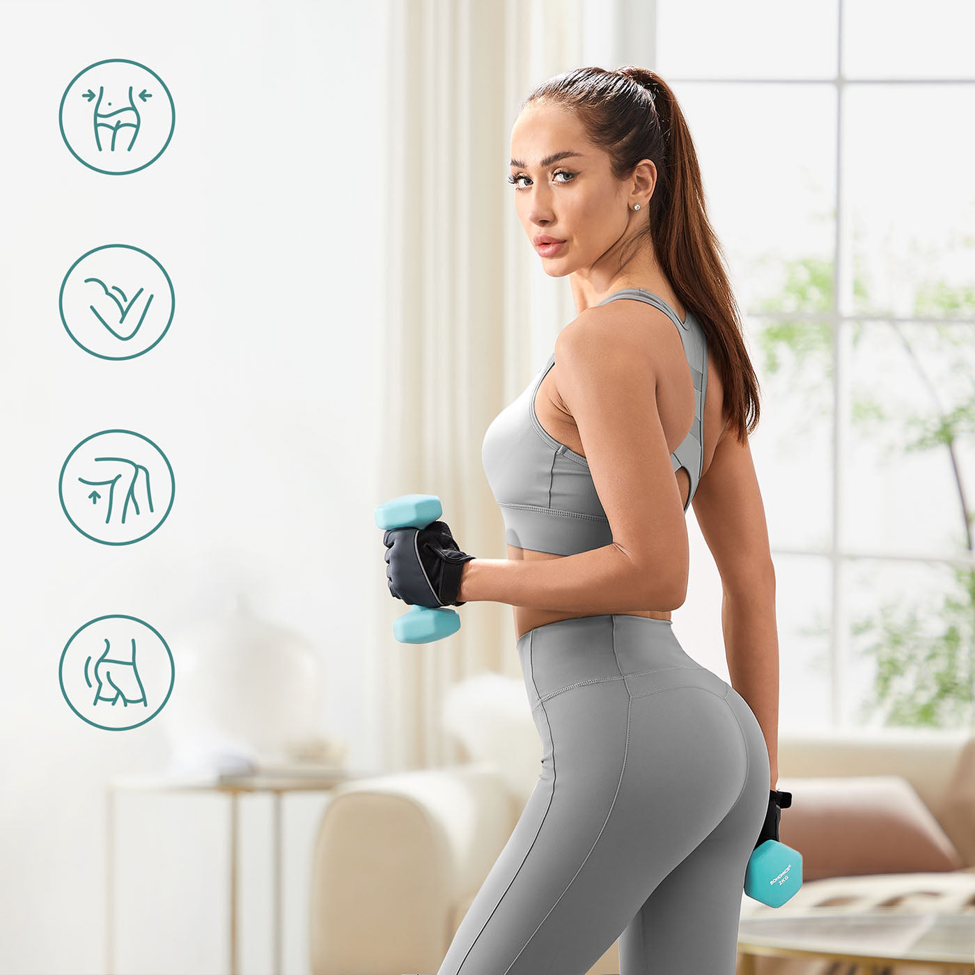 Hex Dumbbell Set – Neoprene – Lime, Teal, Grey – Includes Storage Rack
