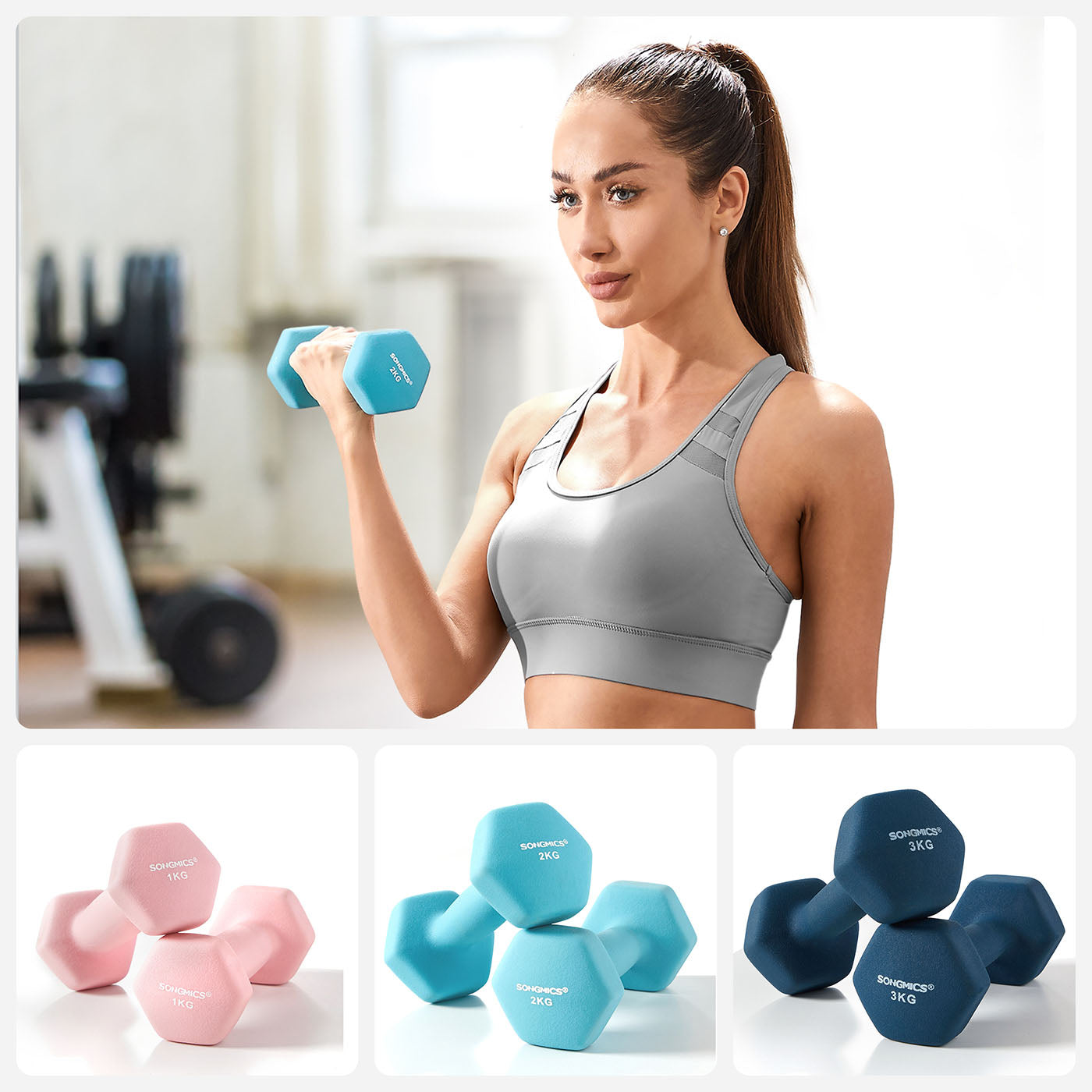 Hex Dumbbell Set – Neoprene – Lime, Teal, Grey – Includes Storage Rack