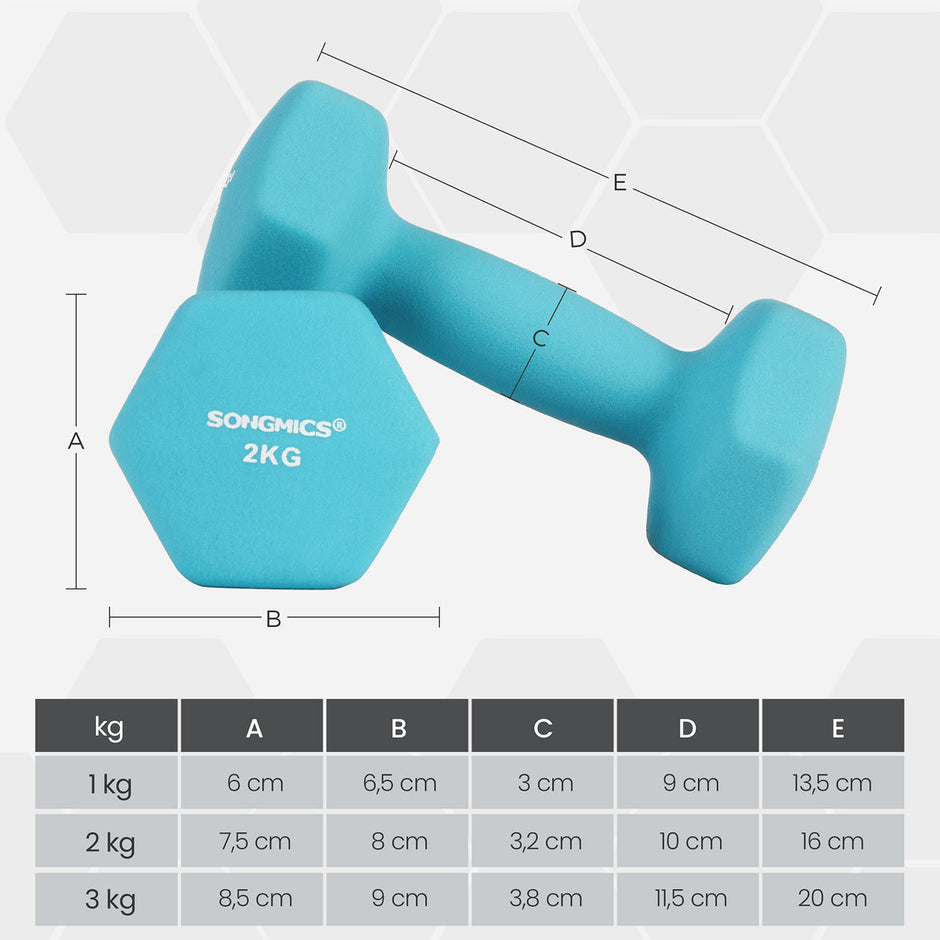 Hex Dumbbell Set – Neoprene – Lime, Teal, Grey – Includes Storage Rack