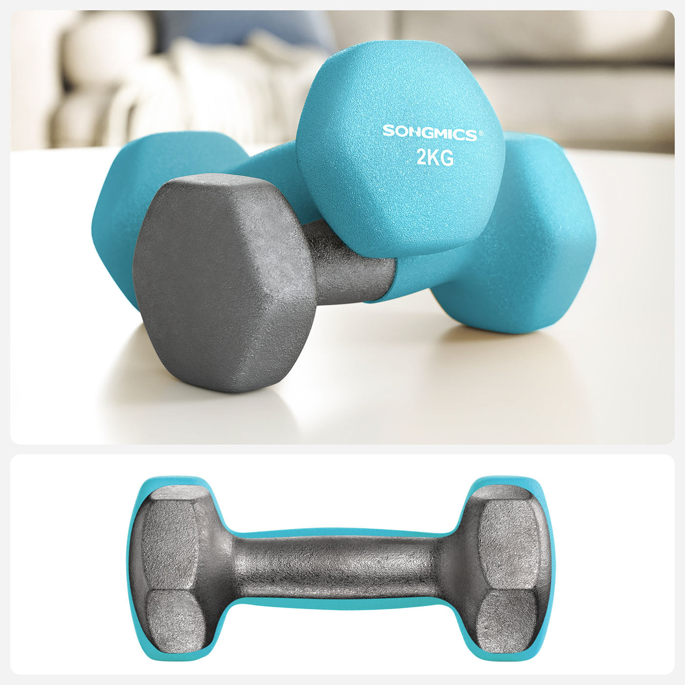 Hex Dumbbell Set – Neoprene – Lime, Teal, Grey – Includes Storage Rack