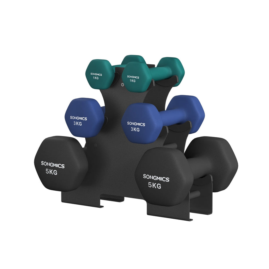 Hex Dumbbells Set – Neoprene – Lime, Teal, Grey – Includes Stand, 2 x 1 kg, 2 x 2 kg, 2 x 3 kg