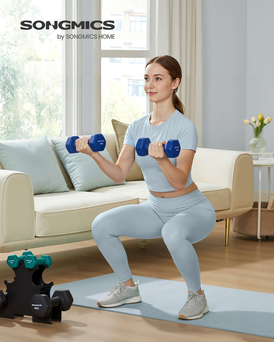 Hex Dumbbells Set – Neoprene – Lime, Teal, Grey – Includes Stand, 2 x 1 kg, 2 x 2 kg, 2 x 3 kg