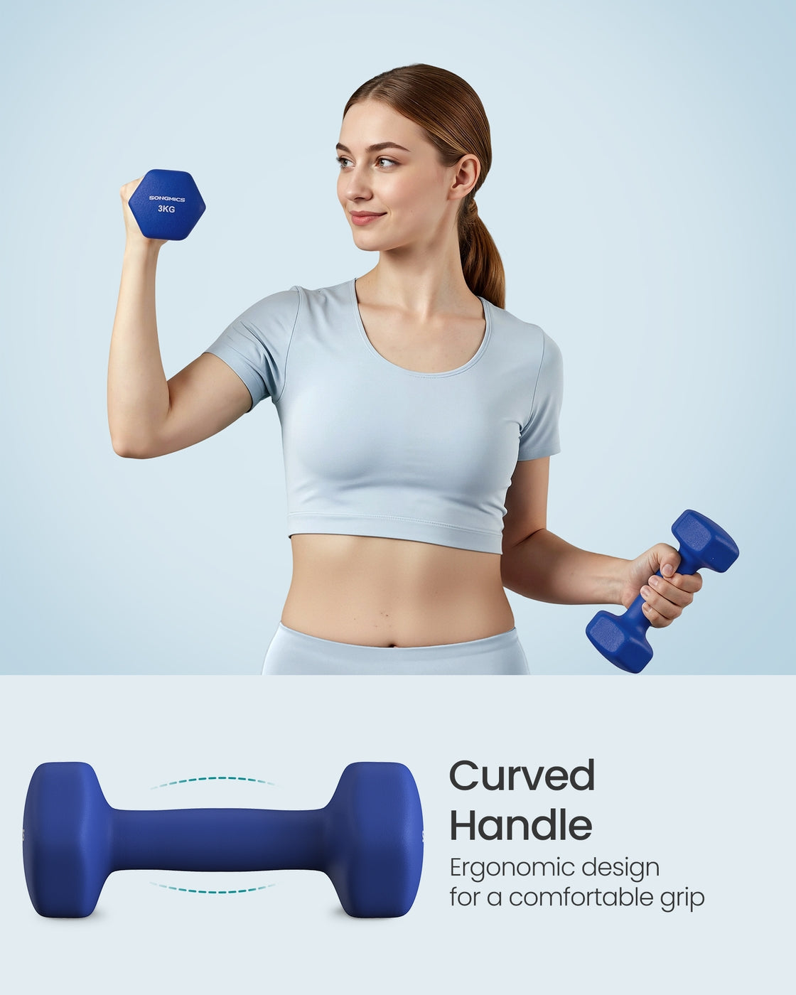 Hex Dumbbells Set – Neoprene – Lime, Teal, Grey – Includes Stand, 2 x 1 kg, 2 x 2 kg, 2 x 3 kg