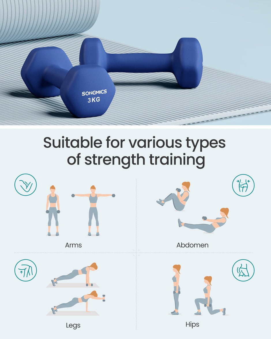 Hex Dumbbells Set – Neoprene – Lime, Teal, Grey – Includes Stand, 2 x 1 kg, 2 x 2 kg, 2 x 3 kg