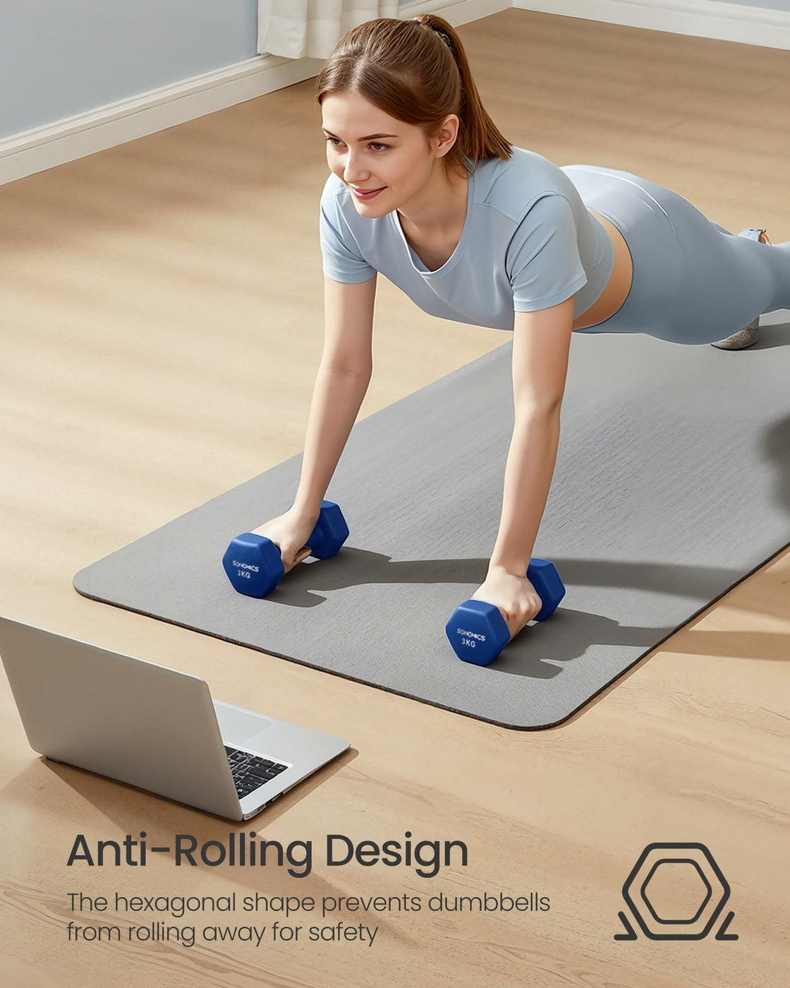 Hex Dumbbells Set – Neoprene – Lime, Teal, Grey – Includes Stand, 2 x 1 kg, 2 x 2 kg, 2 x 3 kg