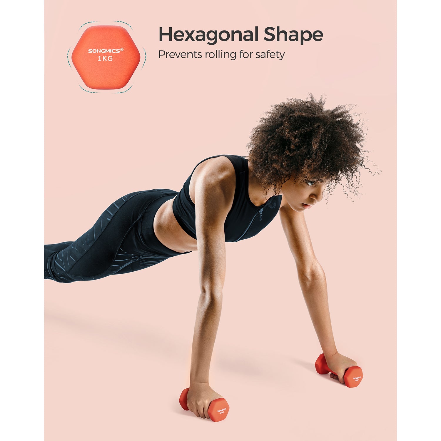 Hexagonal Dumbbells – Steel – Orange – Pair of 2 x 1 kg for Home Workout and Fitness Training