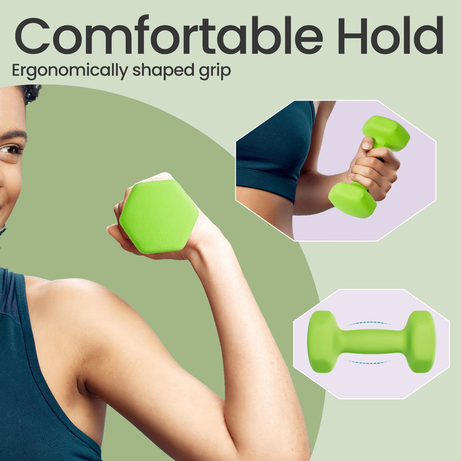 Dumbbell Set – Neoprene – Green – Hexagonal Design, 2 x 2 kg