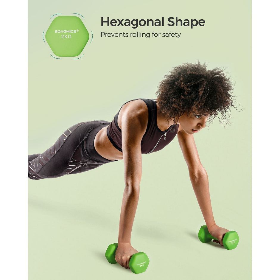 Hexagonal Dumbbells – Steel – Green – Set of 2 x 2 kg for Home Workout