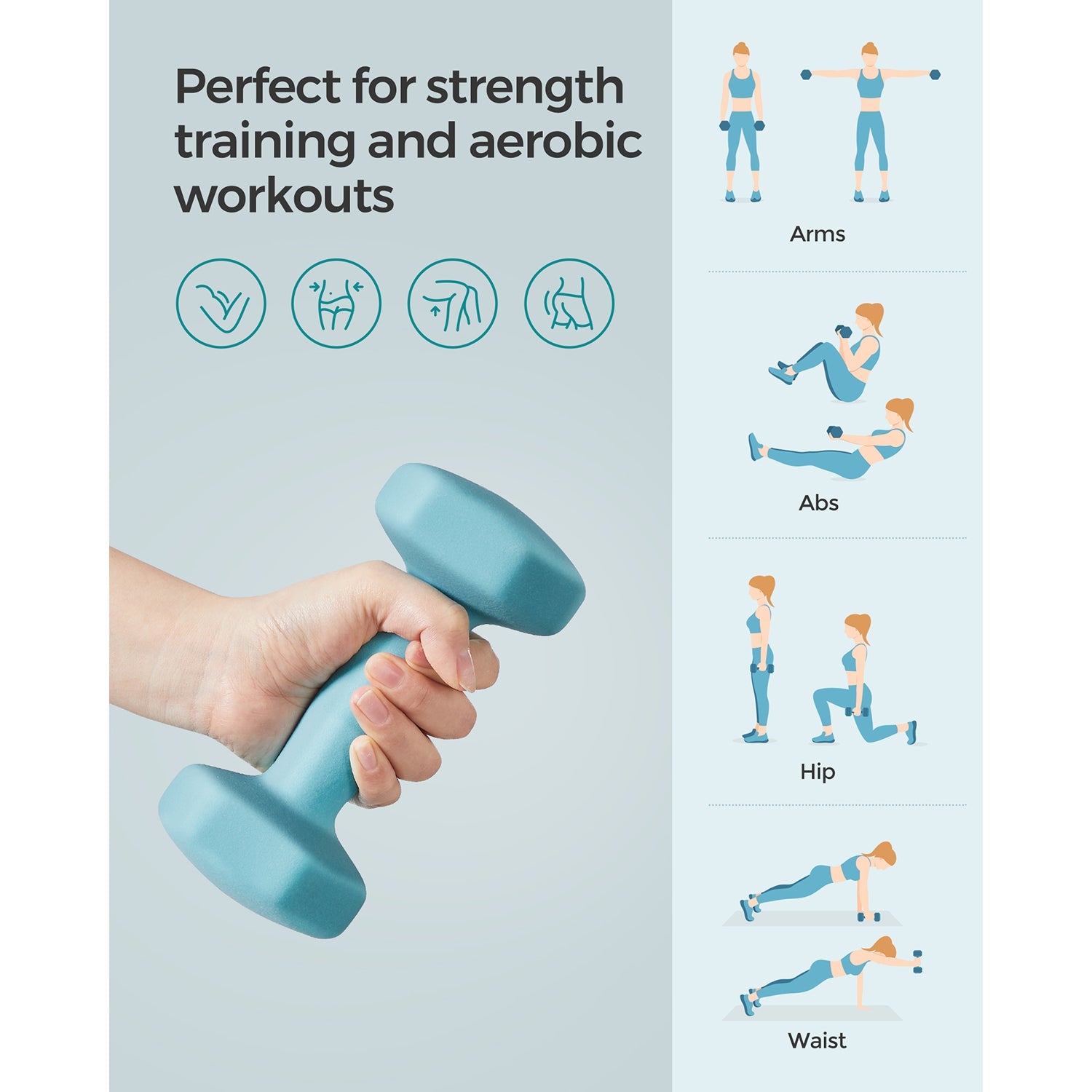 Hexagonal Dumbbells Set – Steel – Light Blue – Ideal for Home Workout and Fitness Training