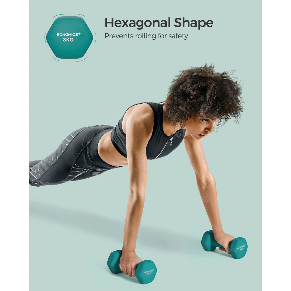Set of 2 Hexagonal Dumbbells – Steel – Teal – Home Workout Fitness Exercise