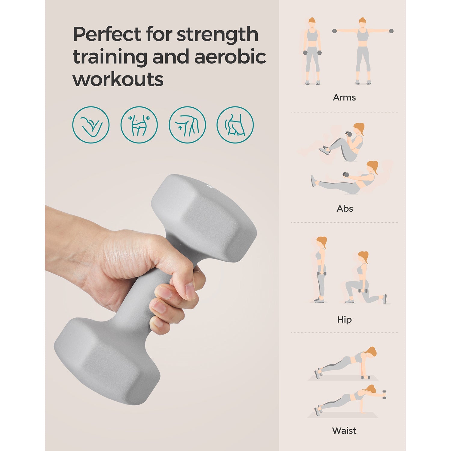 Set of 2 Hexagonal Dumbbells – Iron – Grey – 5 kg Each