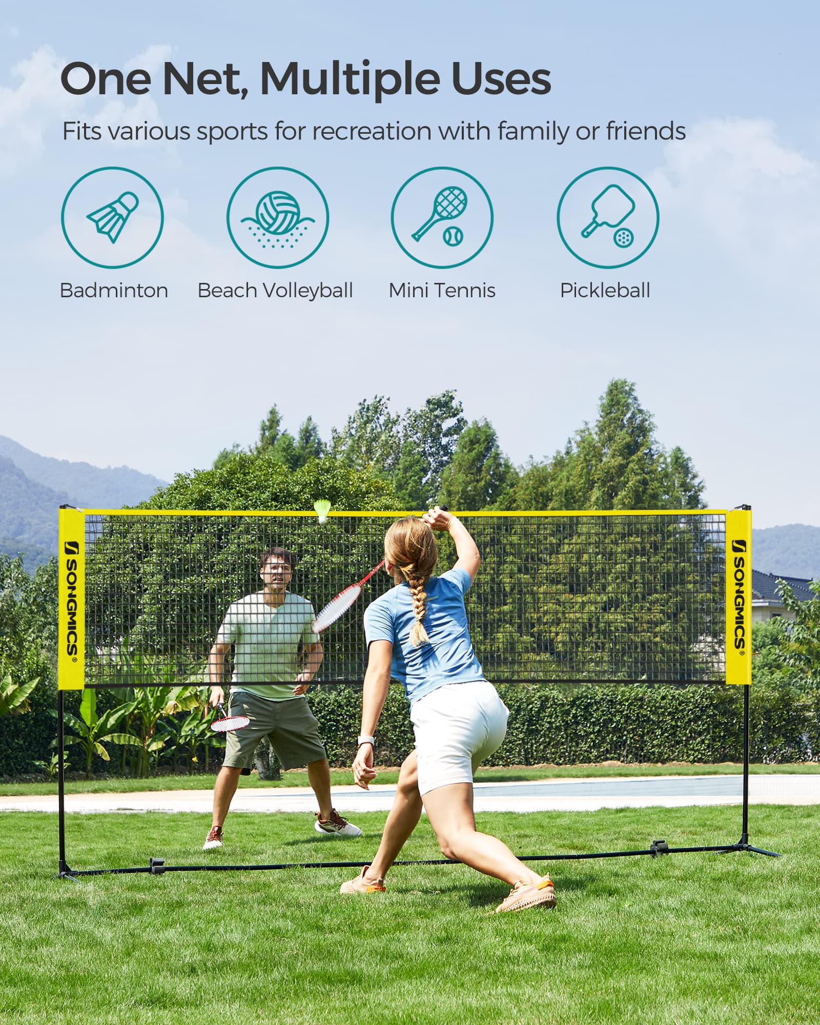 Badminton Net – High-Quality Material – Yellow – Portable and Height Adjustable with Stand