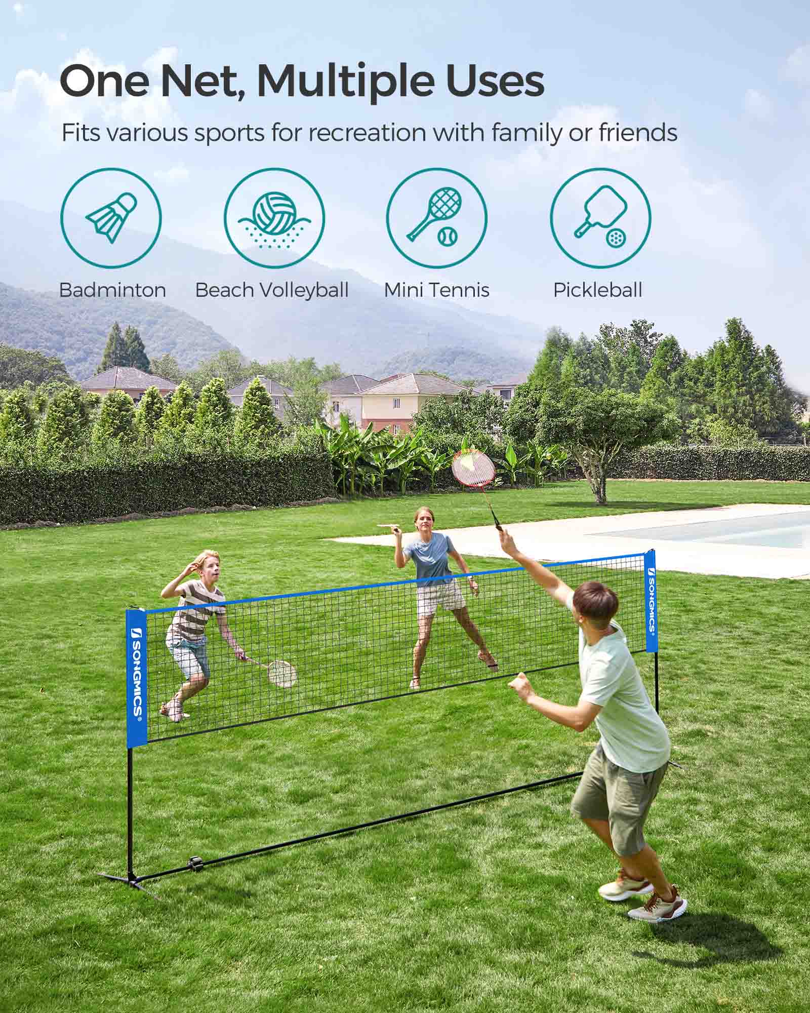 Portable Badminton Tennis Net – Adjustable Height – 4m – Includes Stand