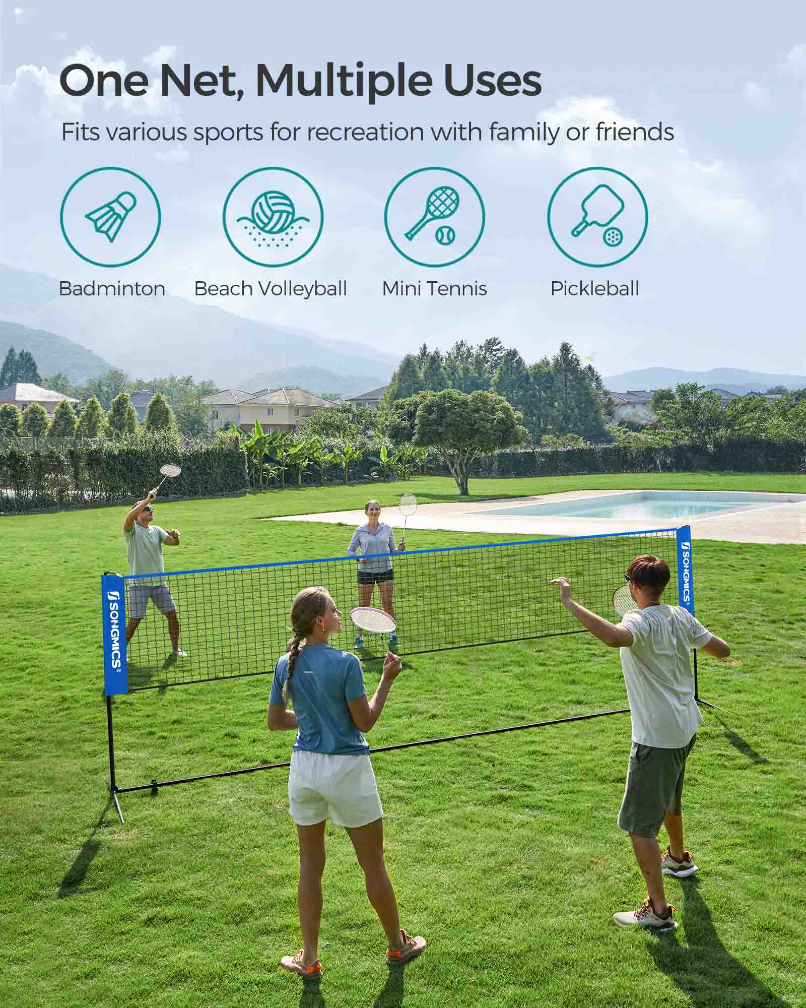 Tennis Net – Polyester – Blue – 5m Height Adjustable with Poles