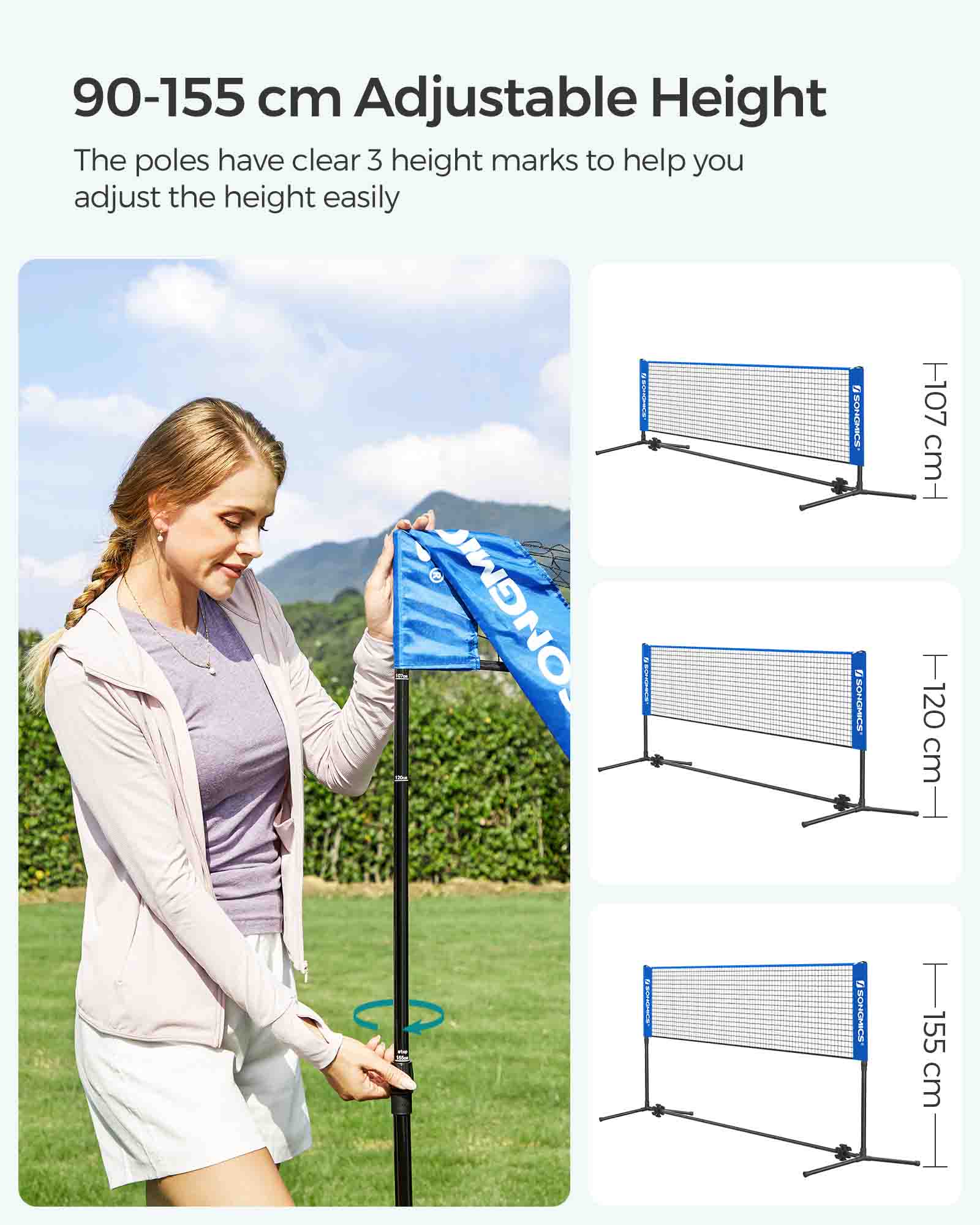 Tennis Net – Polyester – Blue – 5m Height Adjustable with Poles