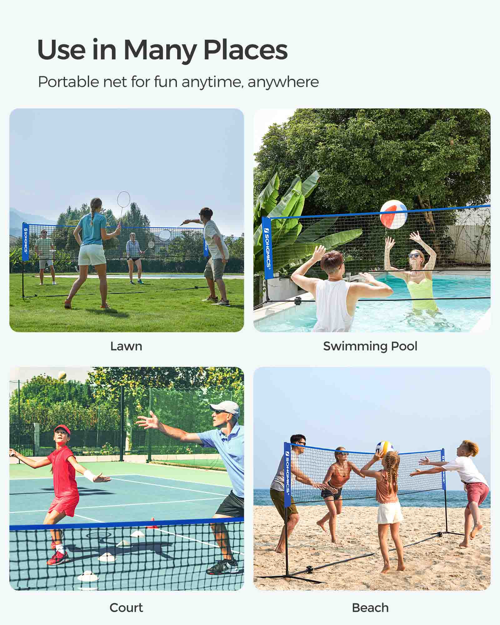 Tennis Net – Polyester – Blue – 5m Height Adjustable with Poles