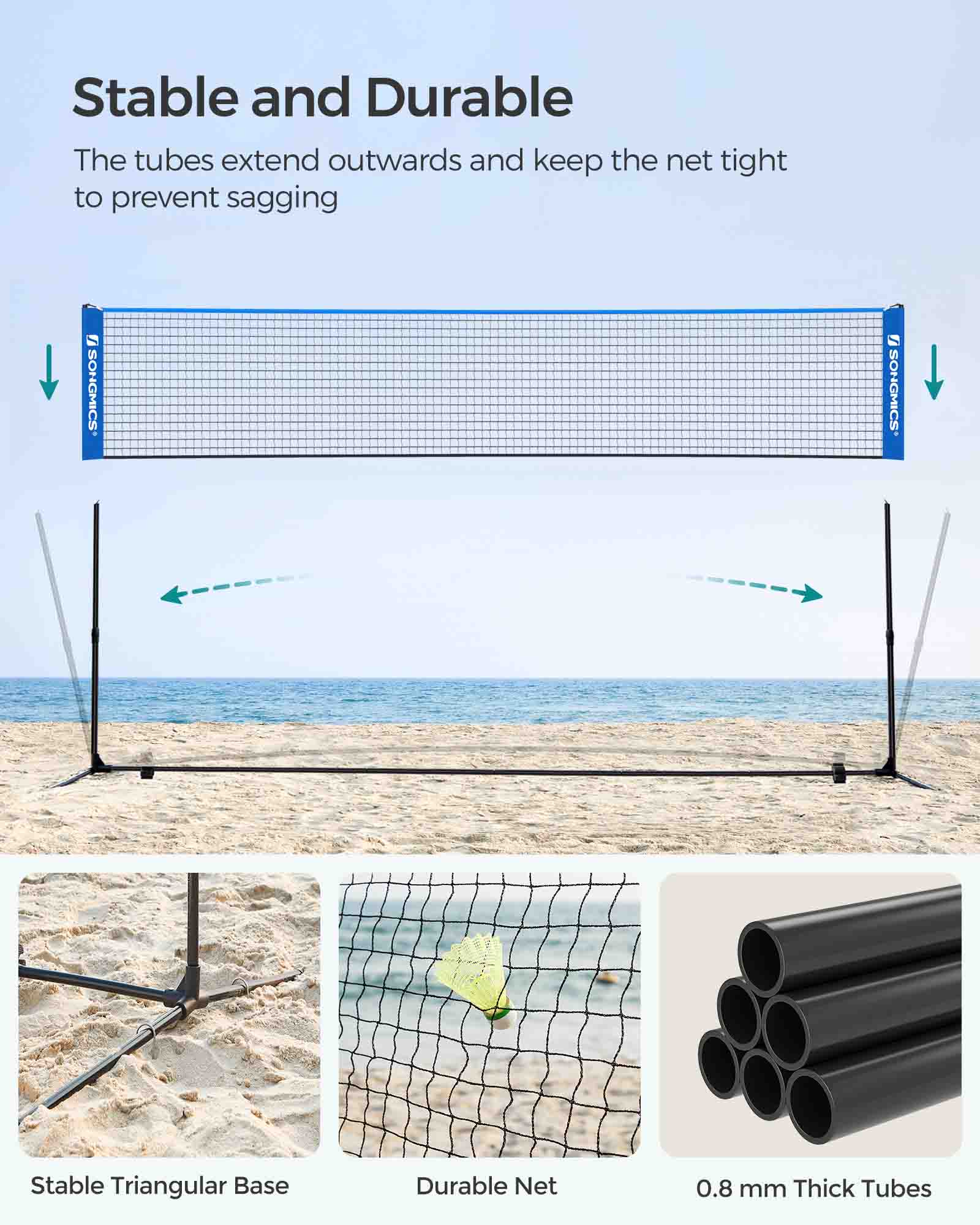 Tennis Net – Polyester – Blue – 5m Height Adjustable with Poles
