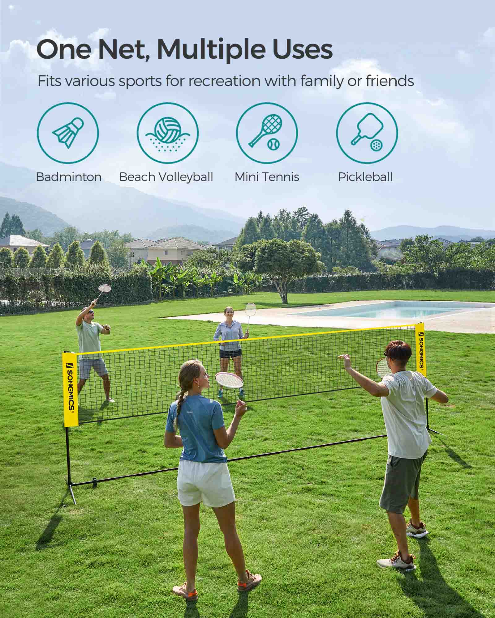 Height Adjustable Badminton Net – Durable Fabric – 5m – Includes Adjustable Poles
