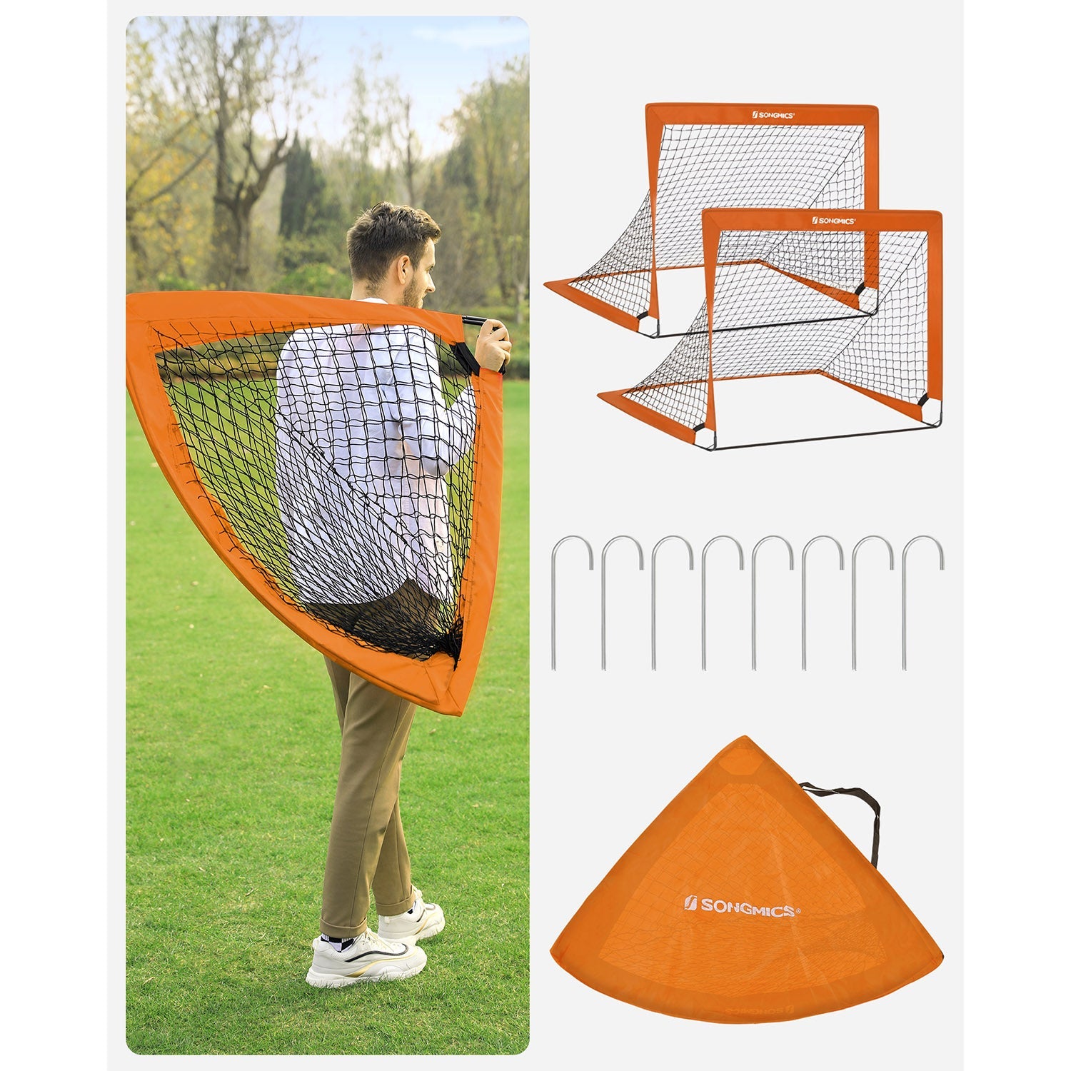 Set of 2 Children's Football Goals – Steel, Fibreglass, Oxford and Polyester Fabric – Orange – Quick Assembly