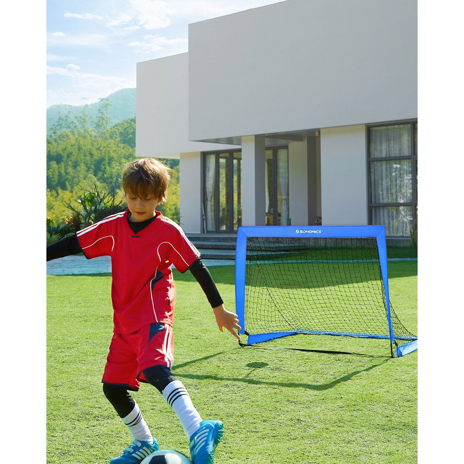 Set of 2 Folding Children's Football Goals – Steel and Fibreglass – Blue and Red – Quick Assembly