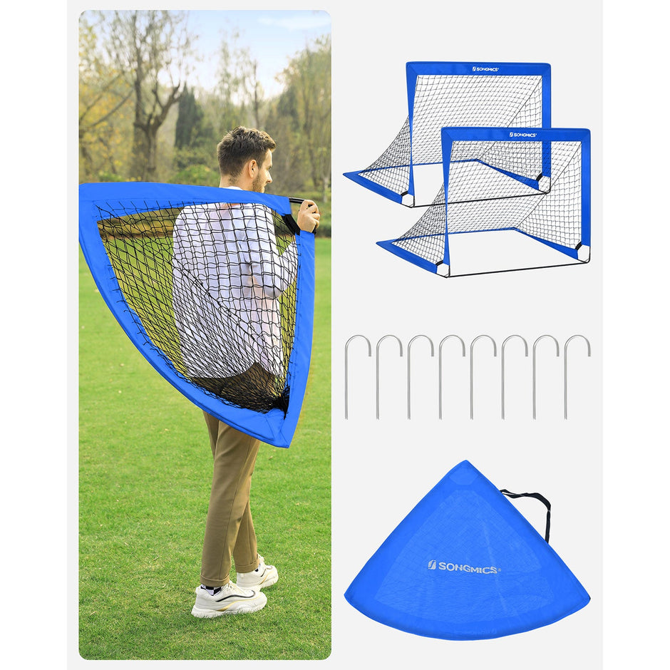 Set of 2 Folding Children's Football Goals – Steel and Fibreglass – Blue and Red – Quick Assembly