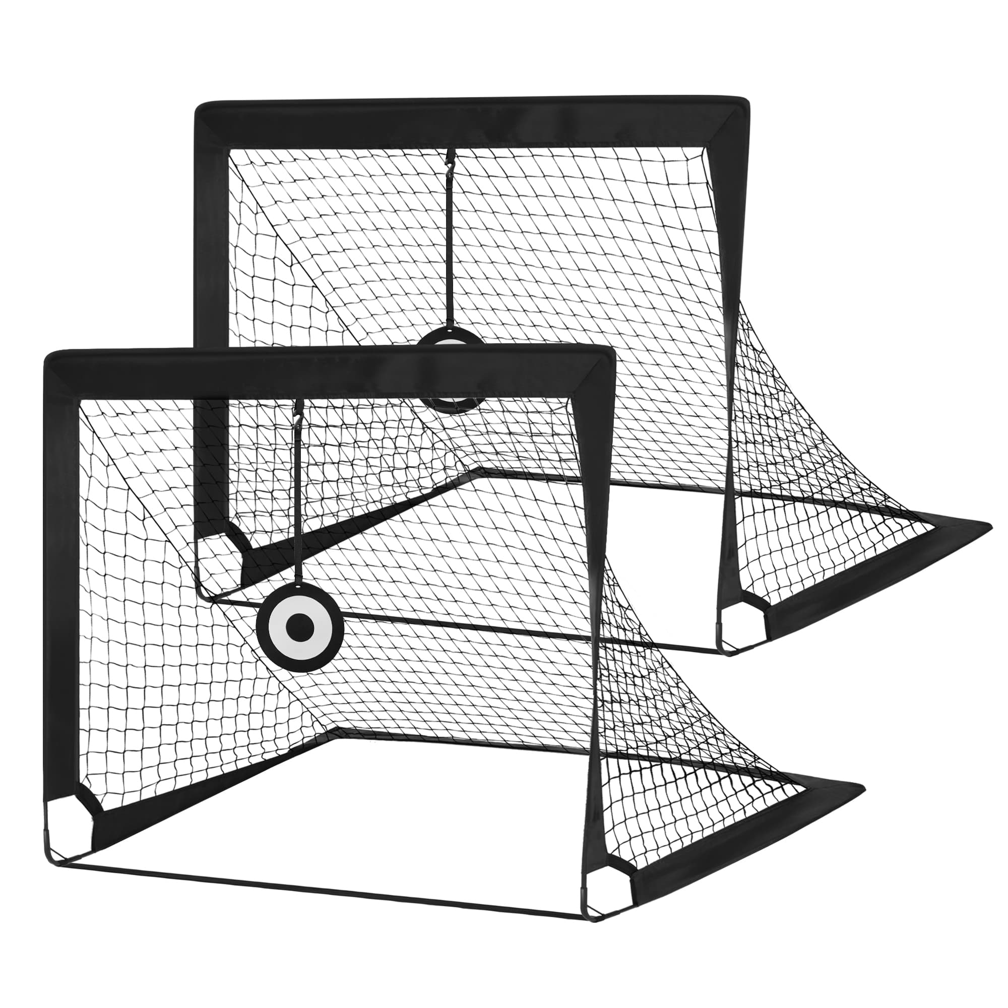 Set of 2 Portable Pop-Up Soccer Goals – Fiberglass – Black – Includes Targets and Training Cones
