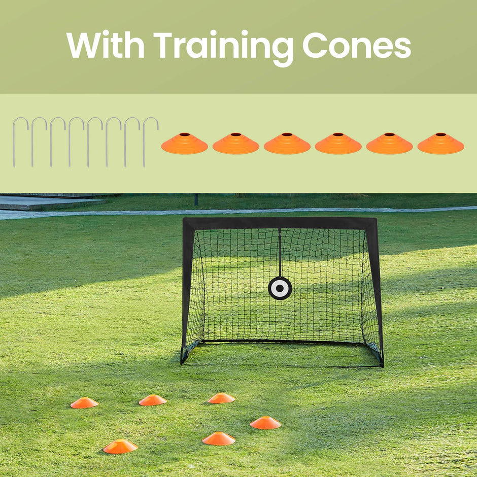Set of 2 Portable Pop-Up Soccer Goals – Fiberglass – Black – Includes Targets and Training Cones