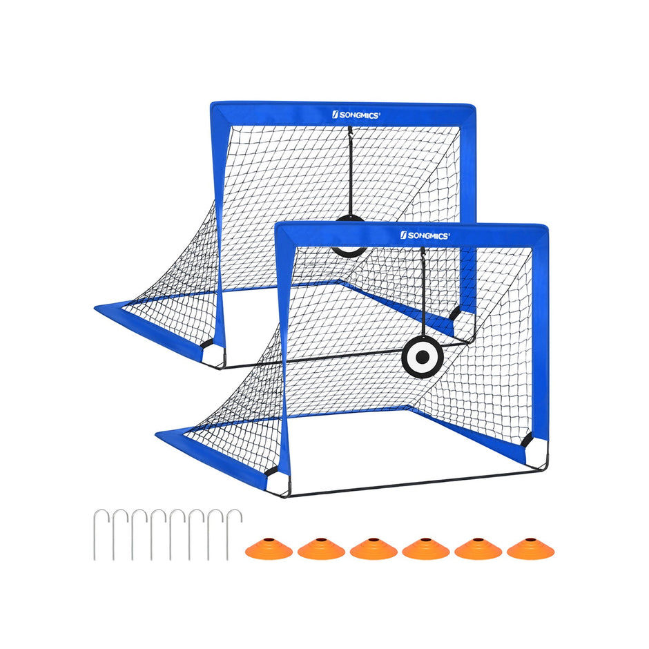 Set of 2 Kids Football Goals – Fibreglass – Blue – Portable with Targets and Training Cones