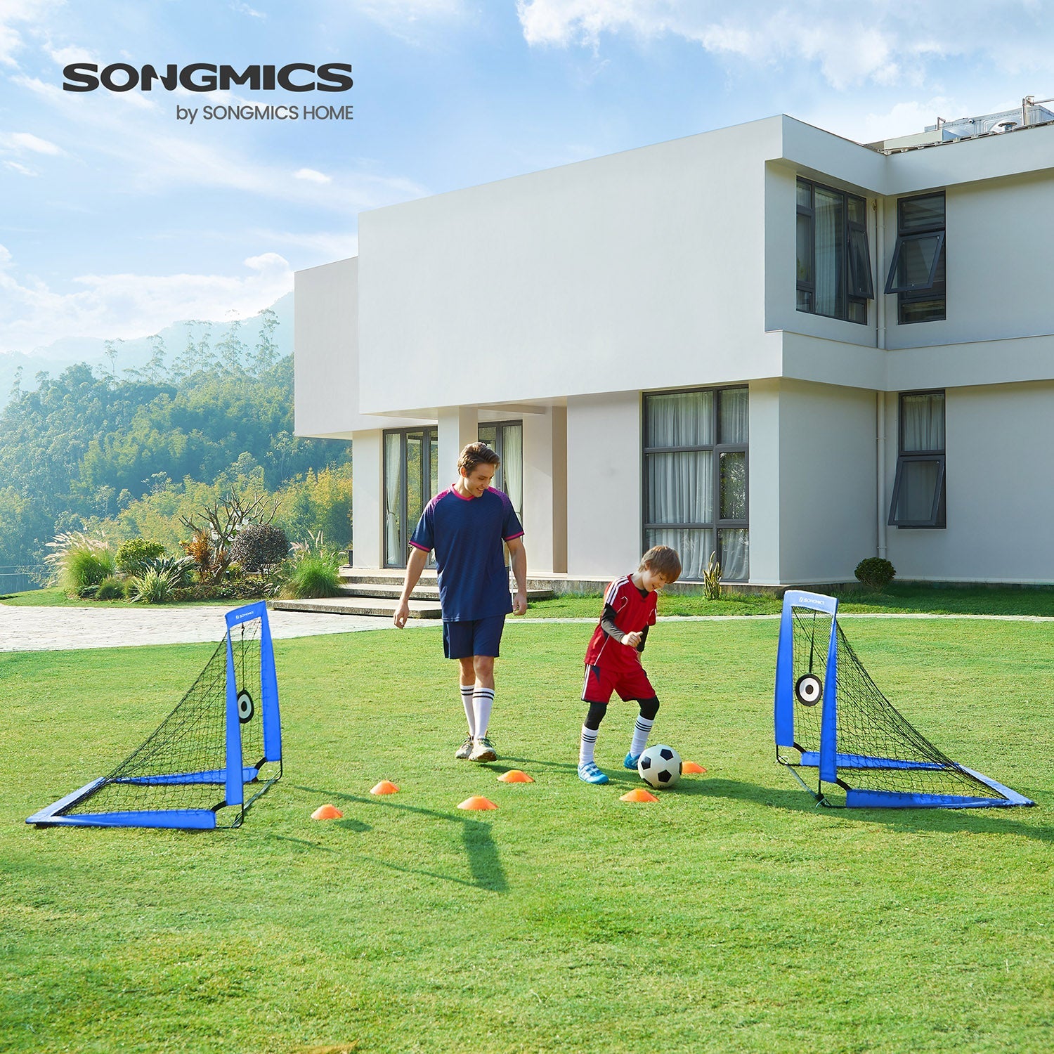 Set of 2 Kids Football Goals – Fibreglass – Blue – Portable with Targets and Training Cones