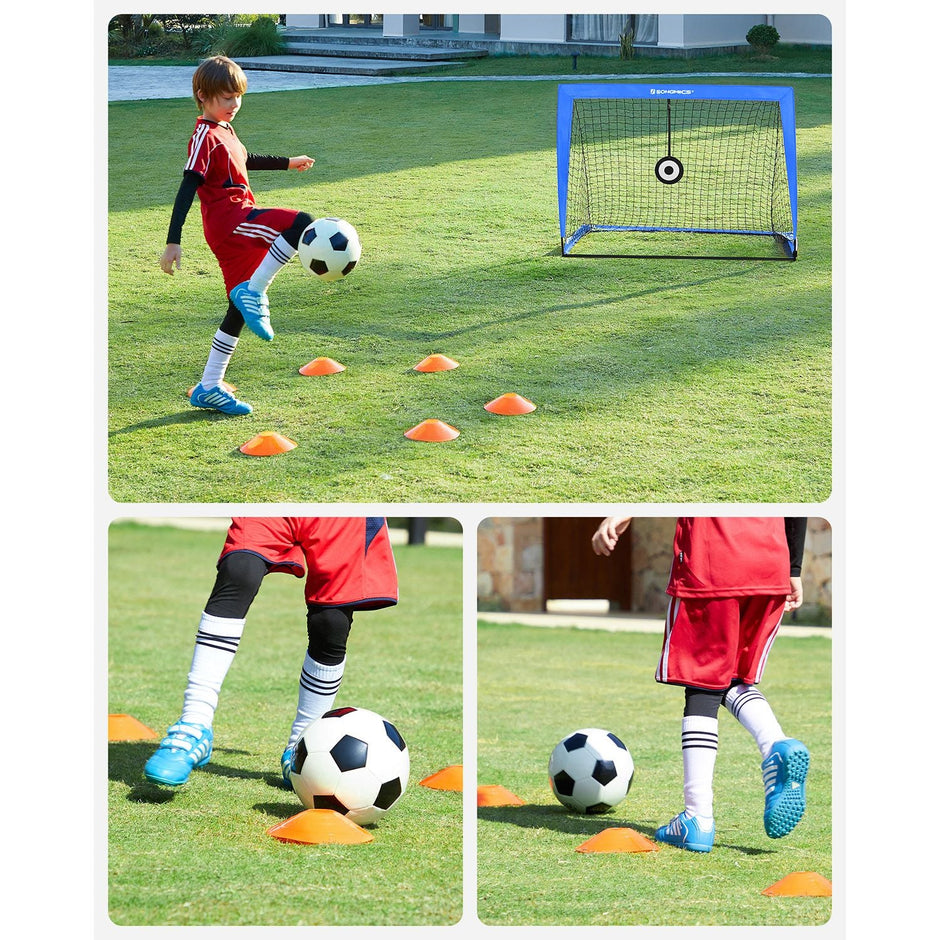 Set of 2 Kids Football Goals – Fibreglass – Blue – Portable with Targets and Training Cones