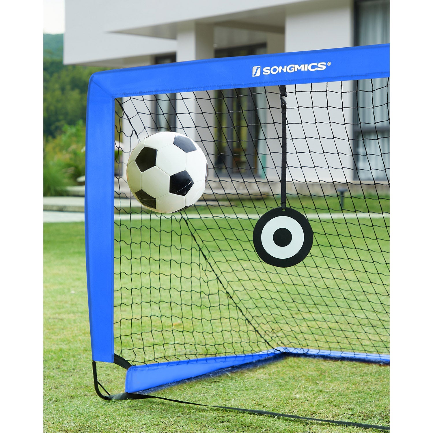 Set of 2 Kids Football Goals – Fibreglass – Blue – Portable with Targets and Training Cones