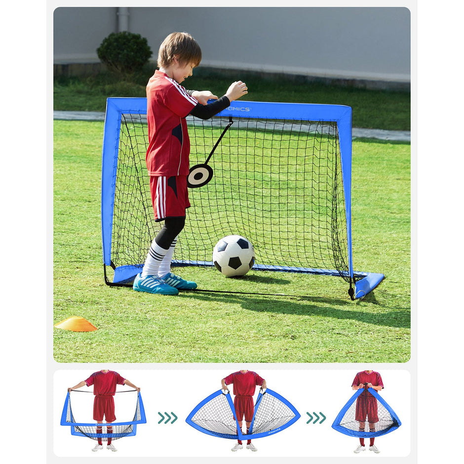 Set of 2 Kids Football Goals – Fibreglass – Blue – Portable with Targets and Training Cones