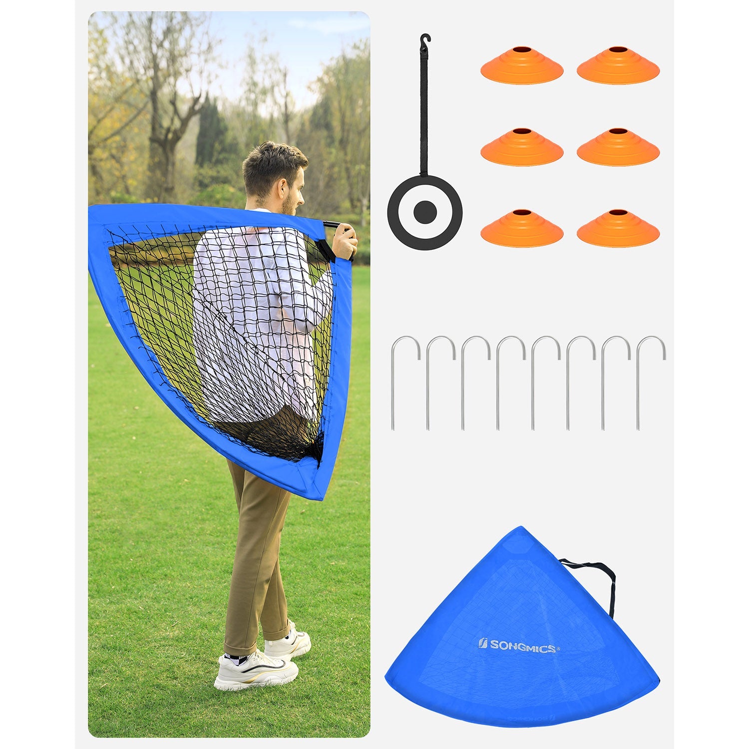 Set of 2 Kids Football Goals – Fibreglass – Blue – Portable with Targets and Training Cones