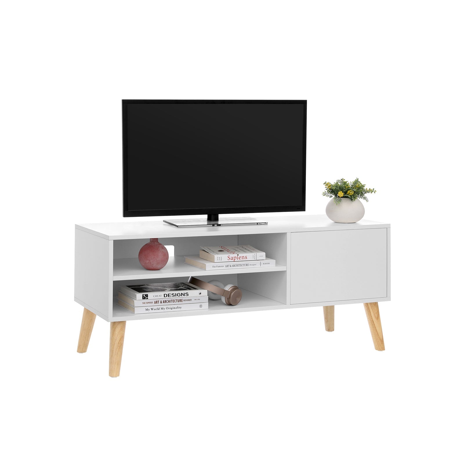 Scandinavian TV Stand – Wood – White – Retro Design for Flat Screen TVs and Gaming Consoles