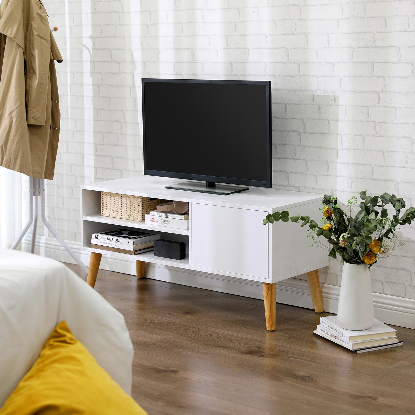 Scandinavian TV Stand – Wood – White – Retro Design for Flat Screen TVs and Gaming Consoles