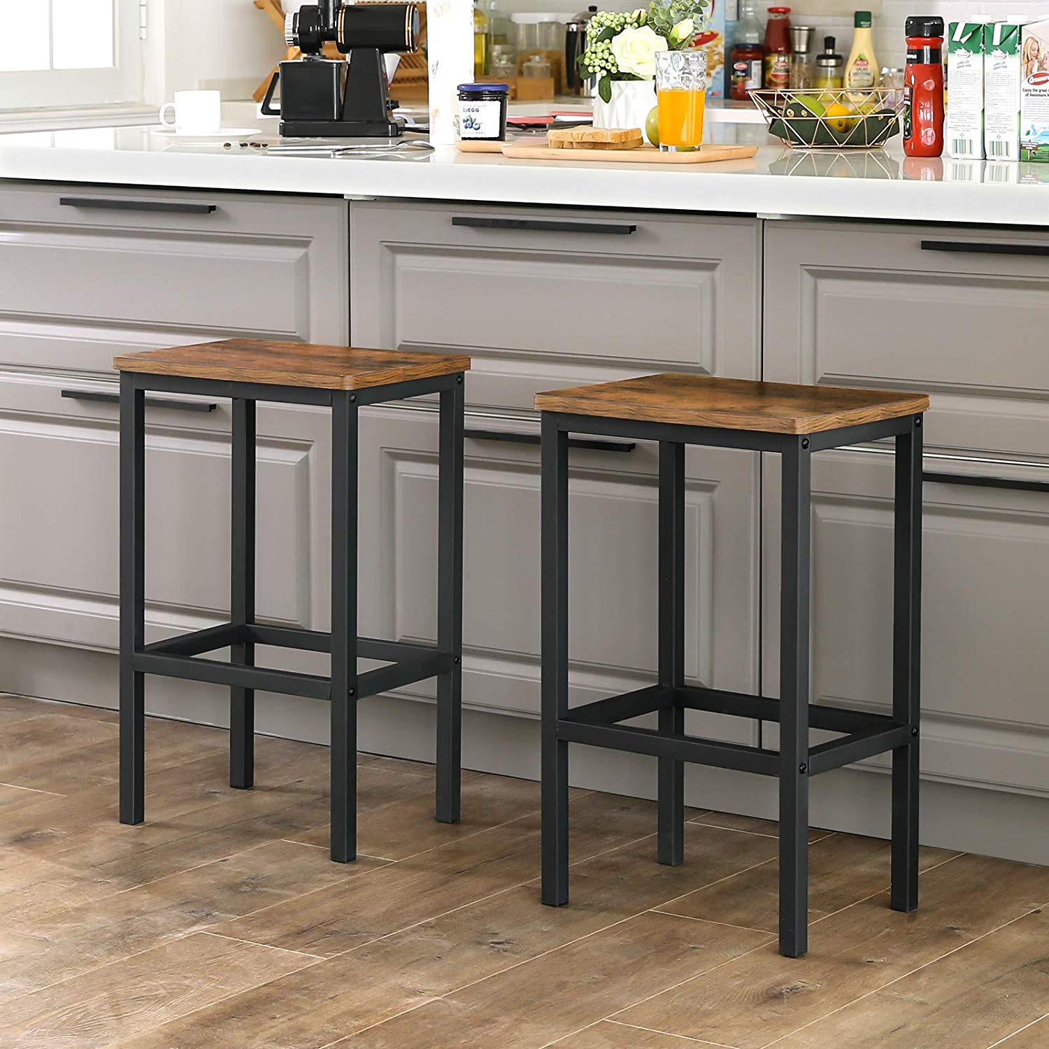 Set of 2 Industrial Bar Stools – Wood and Metal – Rustic Brown – Footrest Included