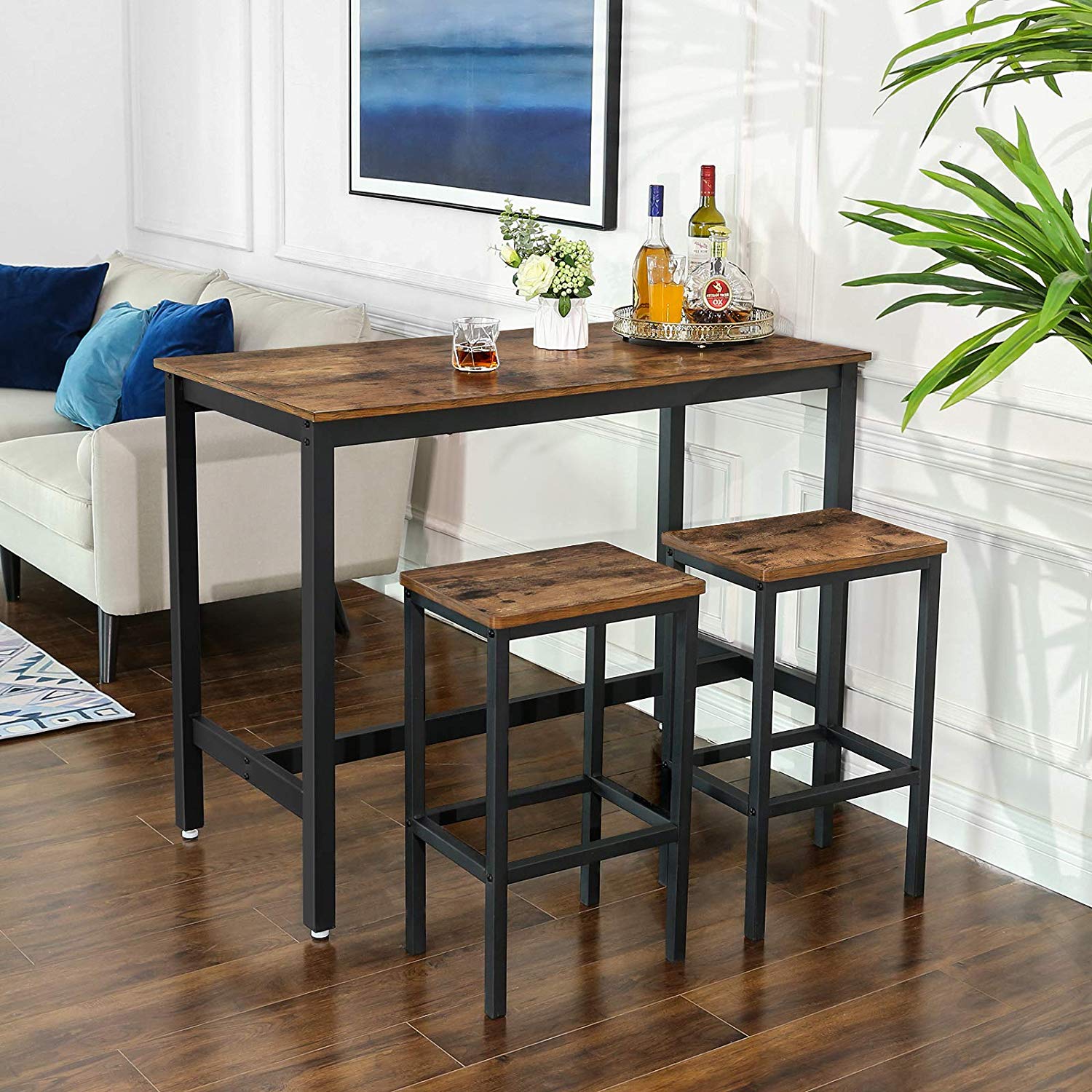 Set of 2 Industrial Bar Stools – Wood and Metal – Rustic Brown – Footrest Included