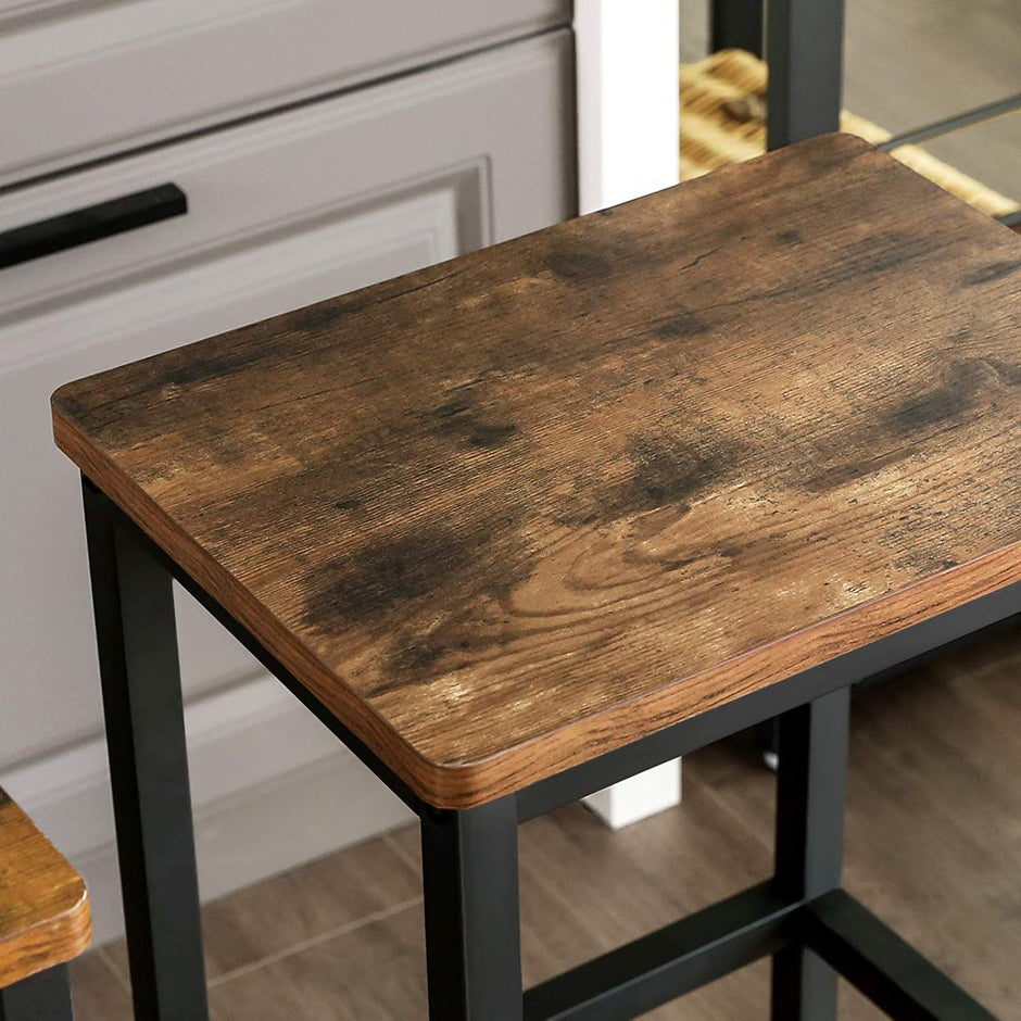 Set of 2 Industrial Bar Stools – Wood and Metal – Rustic Brown – Footrest Included