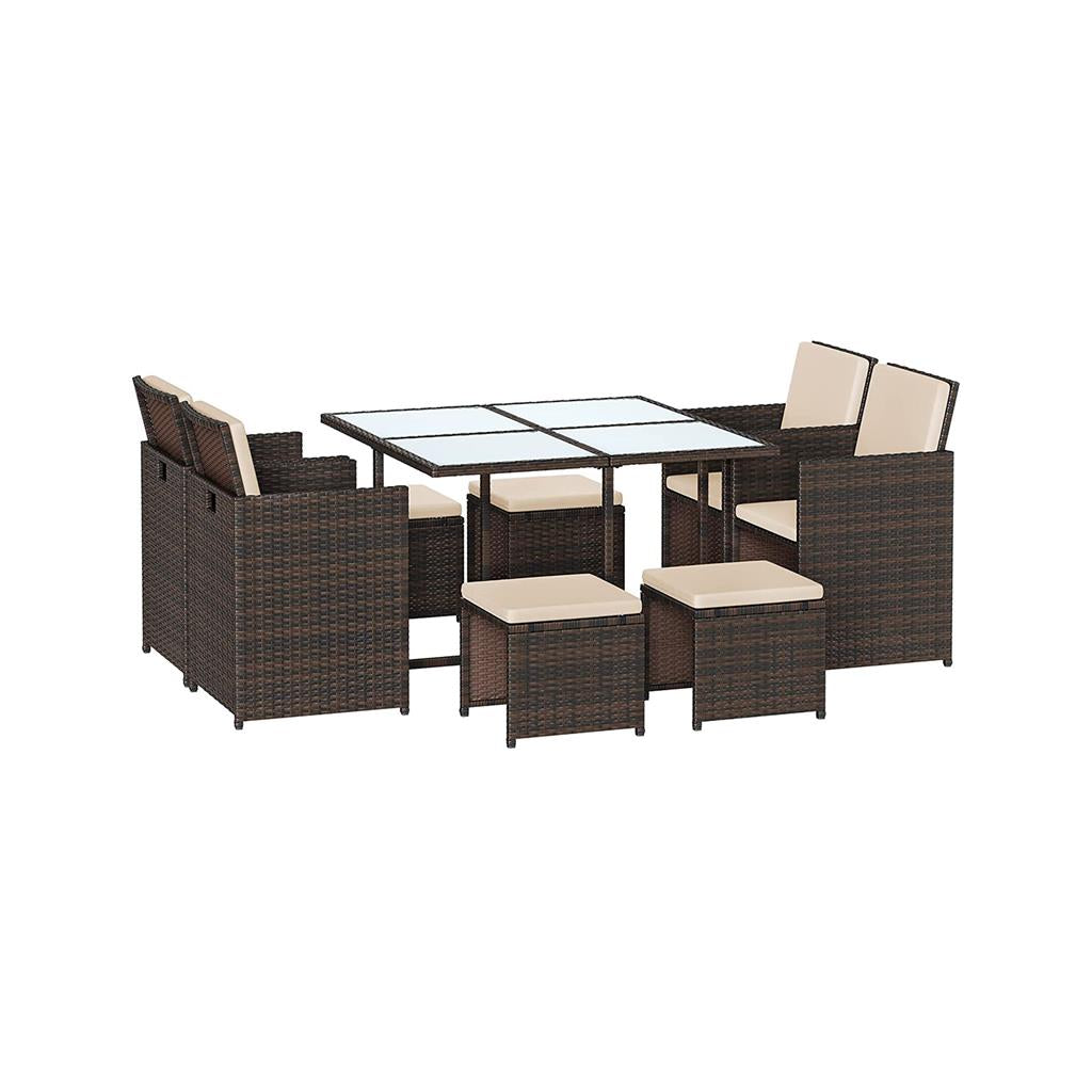 Outdoor Patio Furniture Set – PE Rattan – Black and Beige – Includes Dining Table, Chairs, and Cushions