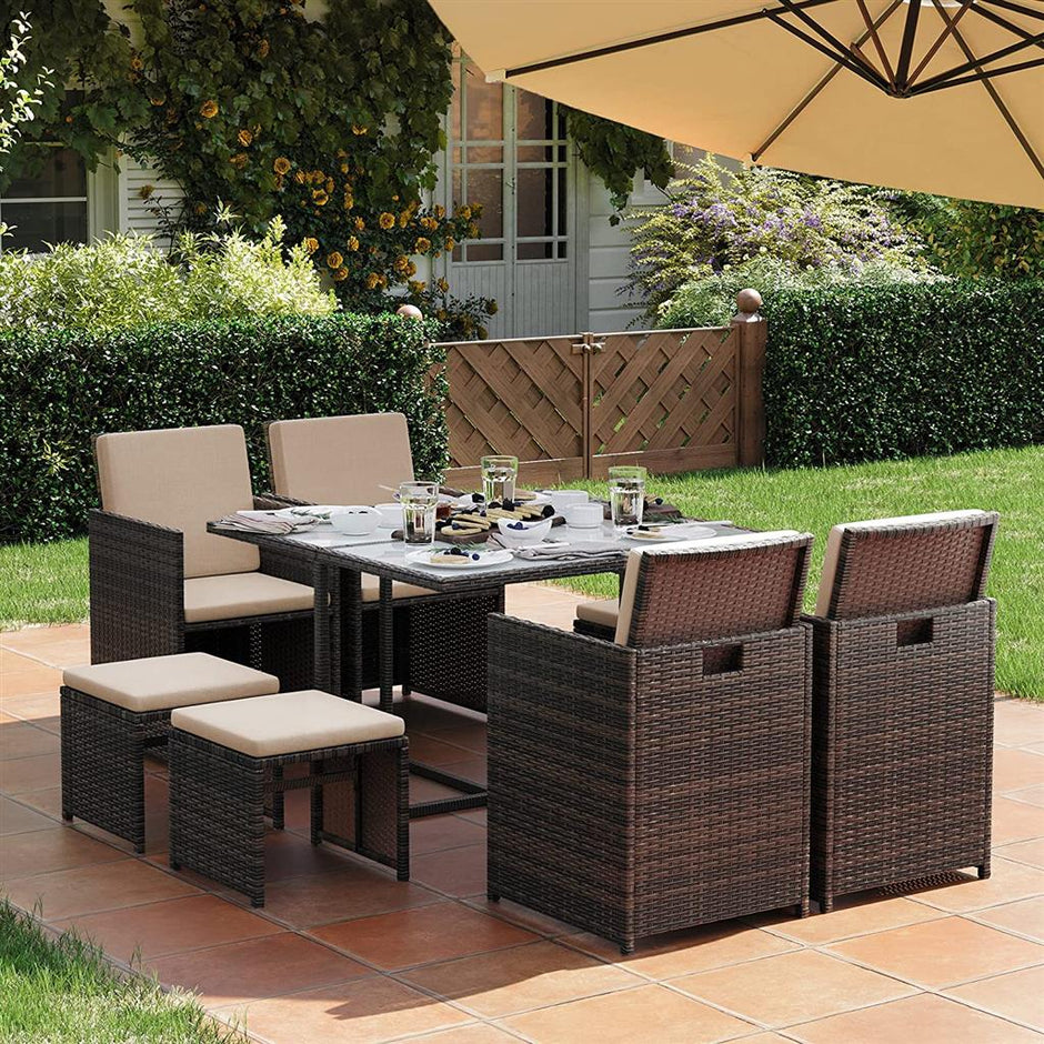 Outdoor Patio Furniture Set – PE Rattan – Black and Beige – Includes Dining Table, Chairs, and Cushions