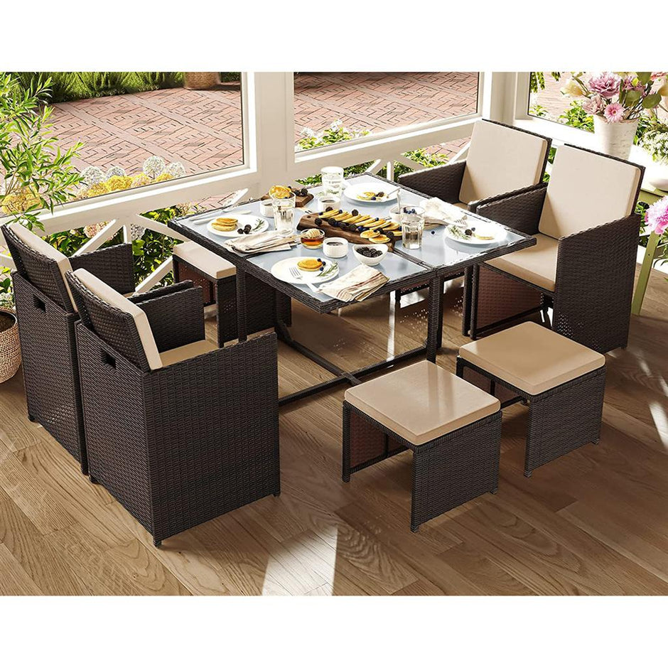 Outdoor Patio Furniture Set – PE Rattan – Black and Beige – Includes Dining Table, Chairs, and Cushions