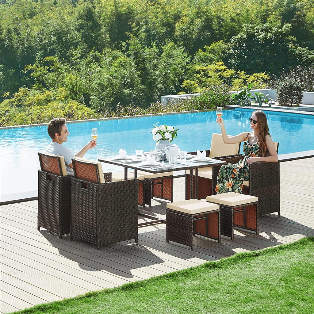 Outdoor Patio Furniture Set – PE Rattan – Black and Beige – Includes Dining Table, Chairs, and Cushions