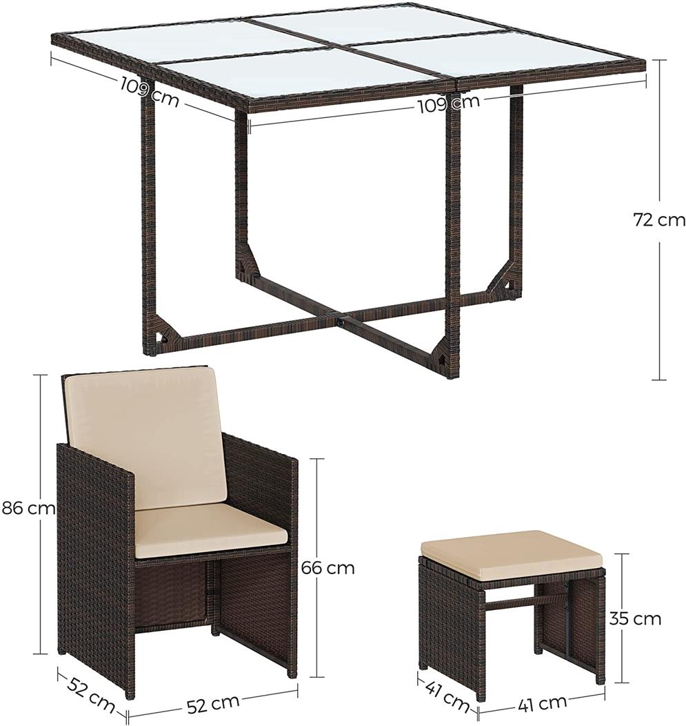 Outdoor Patio Furniture Set – PE Rattan – Black and Beige – Includes Dining Table, Chairs, and Cushions